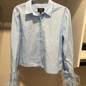 J Crew Collection Blue Feather-Trim Button-Up Shirt Women Size 10